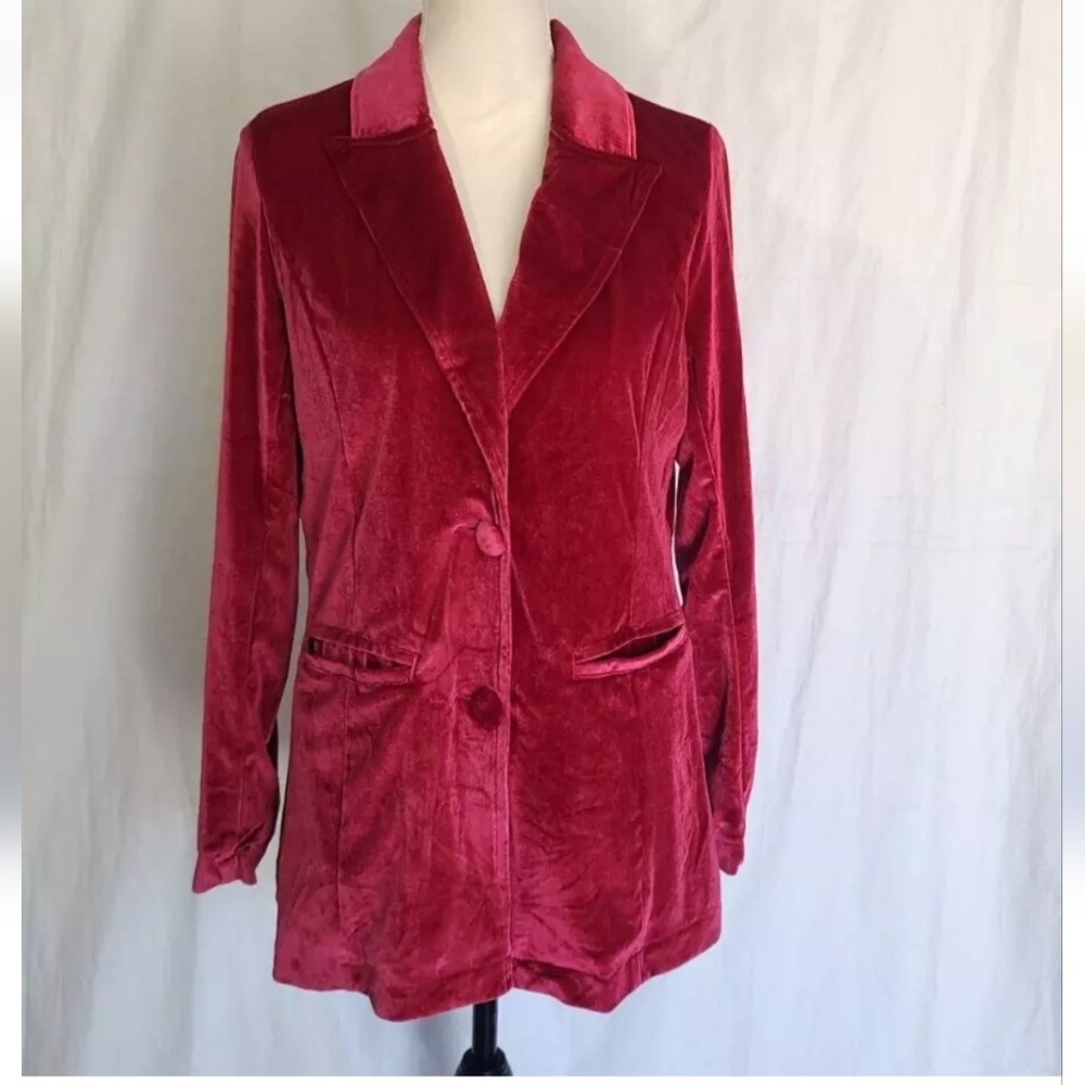 Anthropologie Red Velvet Blazer with Notched Lapel